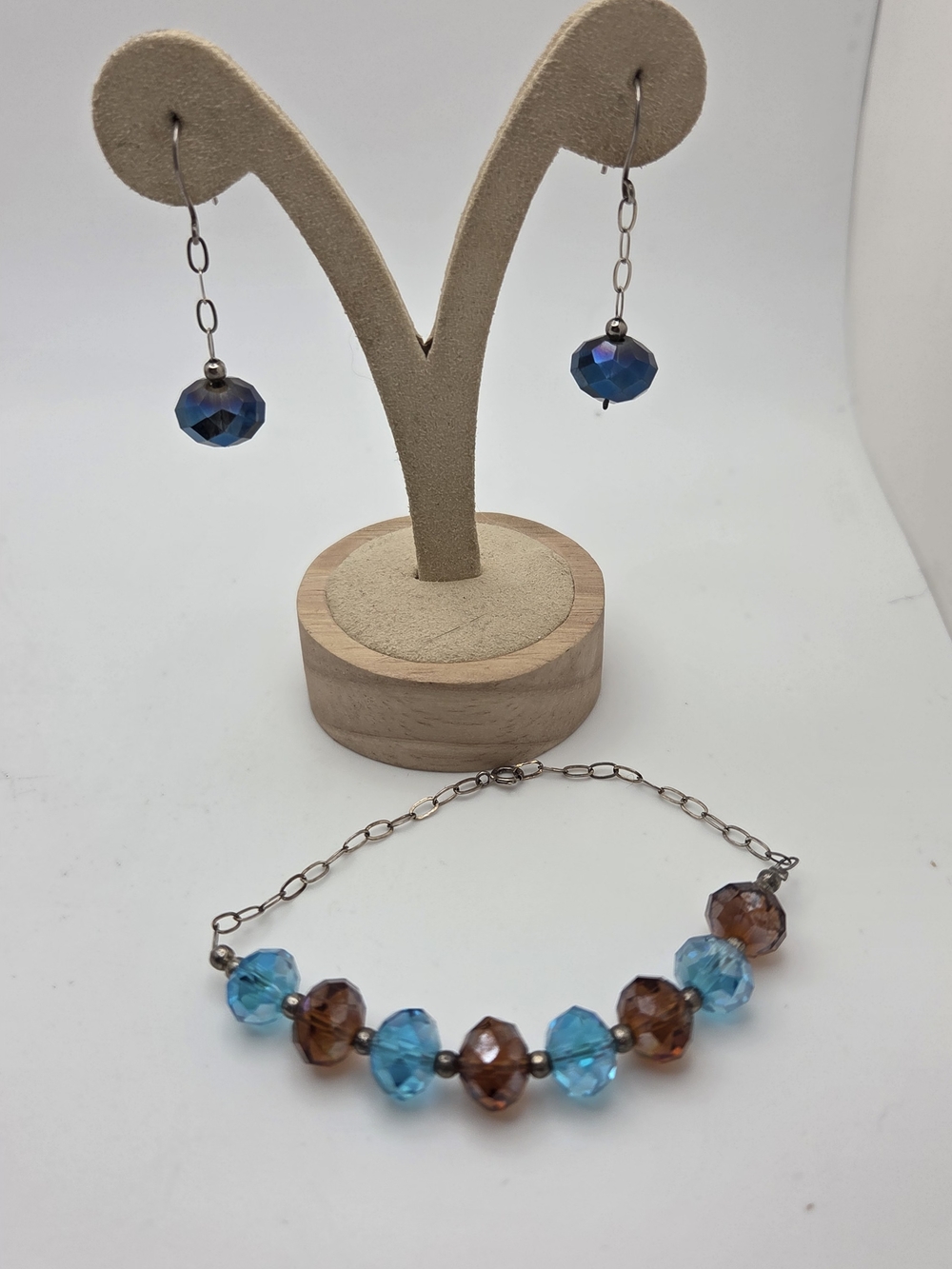 Blue and Brown Faceted Glass Bead Bracelet and Earrings Set